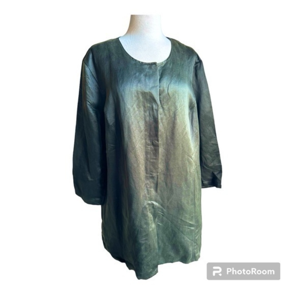 Eileen Fisher dark green linen silk cropped sleeve lightweight jacket 3X